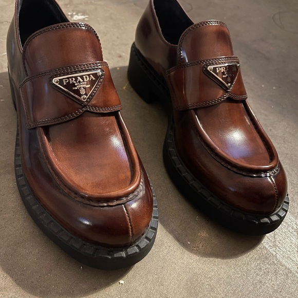 Prada Shoes - Prada Brown Leather Penny Loafers with Logo Plaque